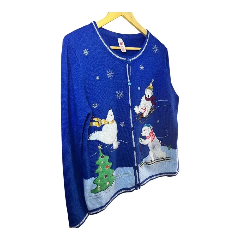 Novelty Christmas Cardigan L Polar Bear Skiing Sledding Ugly‎ Festive Holiday